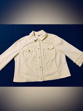 Chicos Light Yellow Button-Up Denim Jacket 3/4 sleeve fringe Size 3